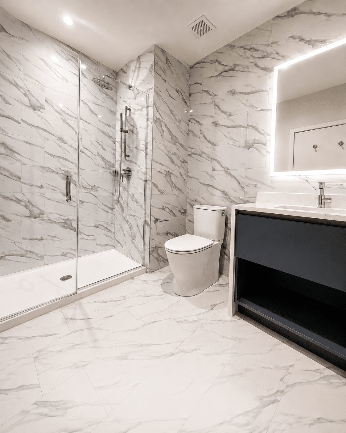 Apartment bathroom with marble-tiled walls, a glass-enclosed shower, and a dark vanity.