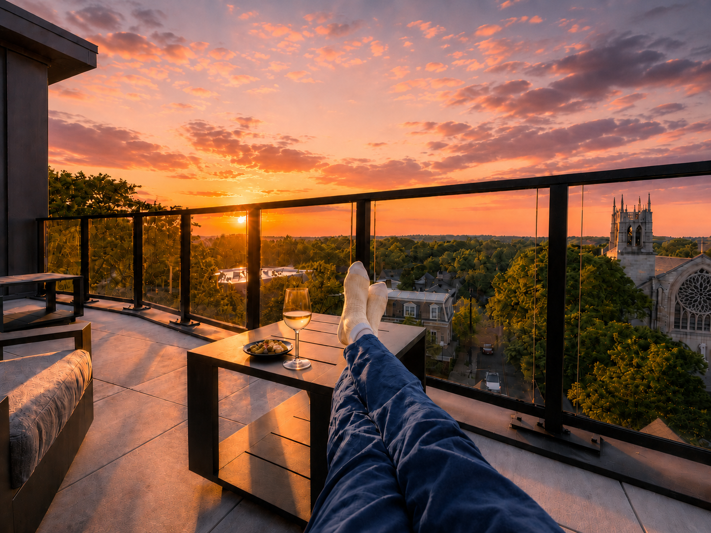 Sunset view on a rooftop deck with pair of legs